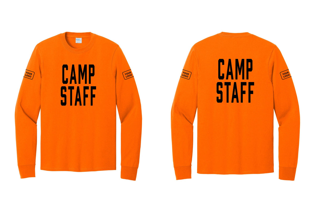 NYC Factory Custom Logo Camp Staff Cotton Long Sleeve T-Shirt (Classic) - Front + Back + Your Logo Sleeves - Safety Orange