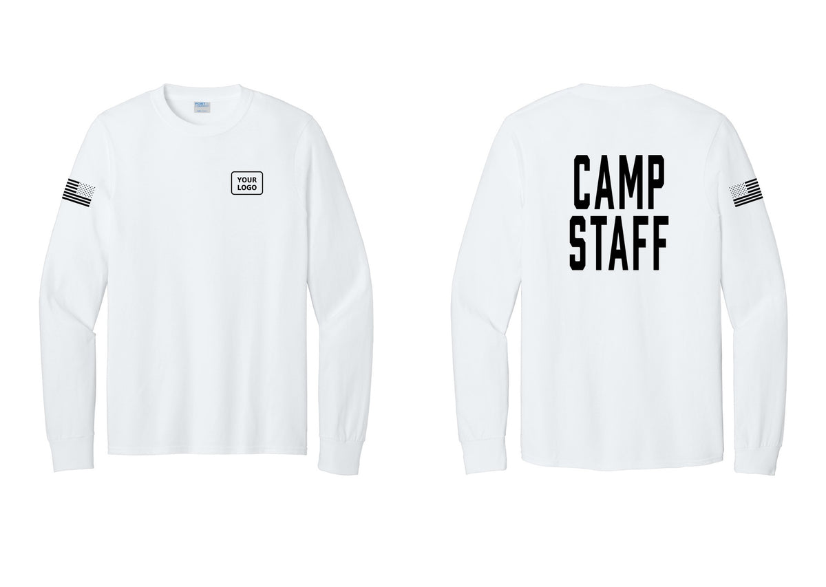 NYC Factory Custom Logo Camp Staff Cotton Long Sleeve T-Shirt (Classic) - Your Logo + Back + US Flag Sleeve - White