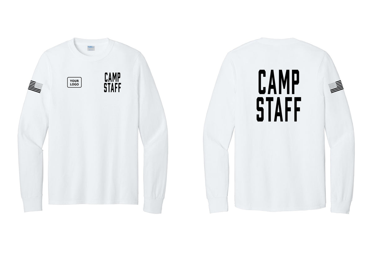 NYC Factory Custom Logo Camp Staff Cotton Long Sleeve T-Shirt (Classic) - CAMP STAFF + Your Logo + Back + US Flag Sleeve - White