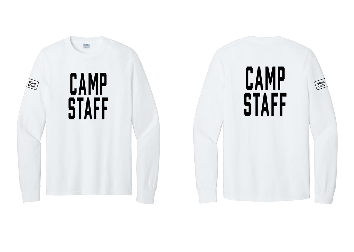 NYC Factory Custom Logo Camp Staff Cotton Long Sleeve T-Shirt (Classic) - Front + Back + Your Logo Sleeve - White