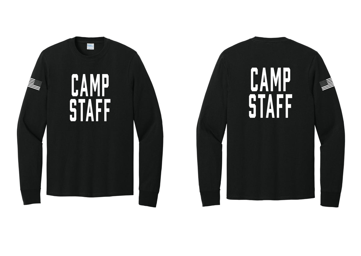 NYC Factory Camp Staff Cotton Long Sleeve T-Shirt (Classic) - Front + Back + US Flag Sleeve - Black