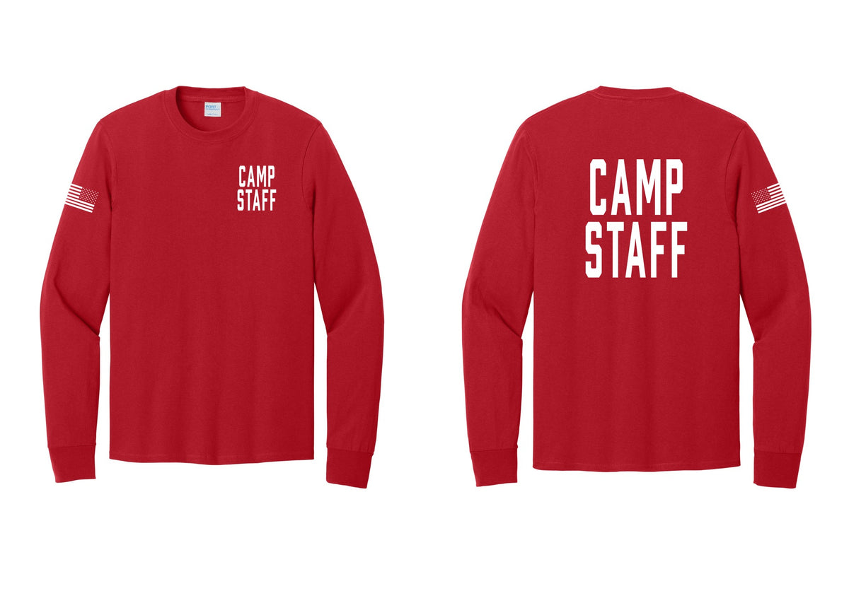 NYC Factory Camp Staff Cotton Long Sleeve T-Shirt (Classic) - Chest + Back + US Flag Sleeve - Red