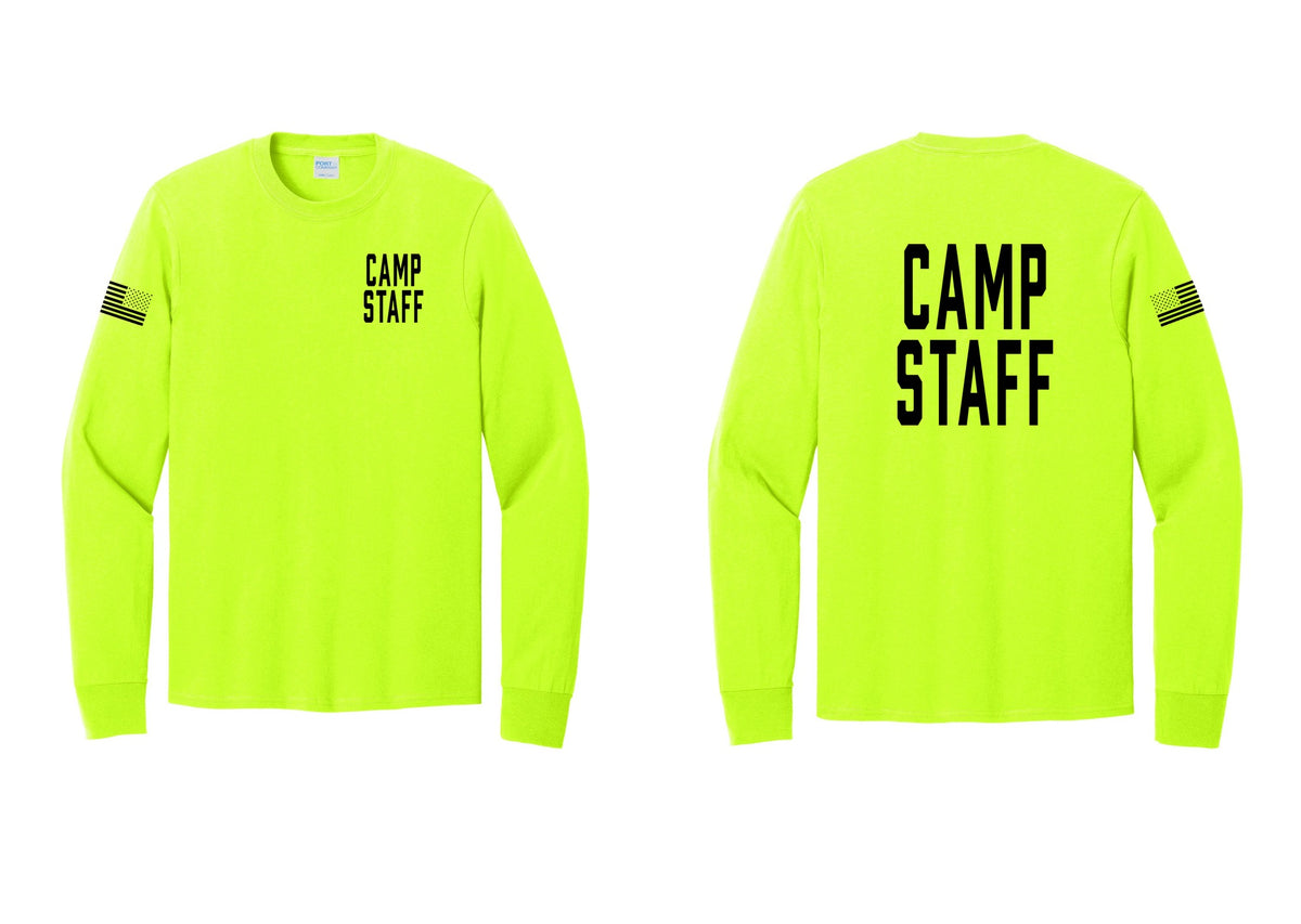 NYC Factory Camp Staff Cotton Long Sleeve T-Shirt (Classic) - Chest + Back + US Flag Sleeve - Safety Green