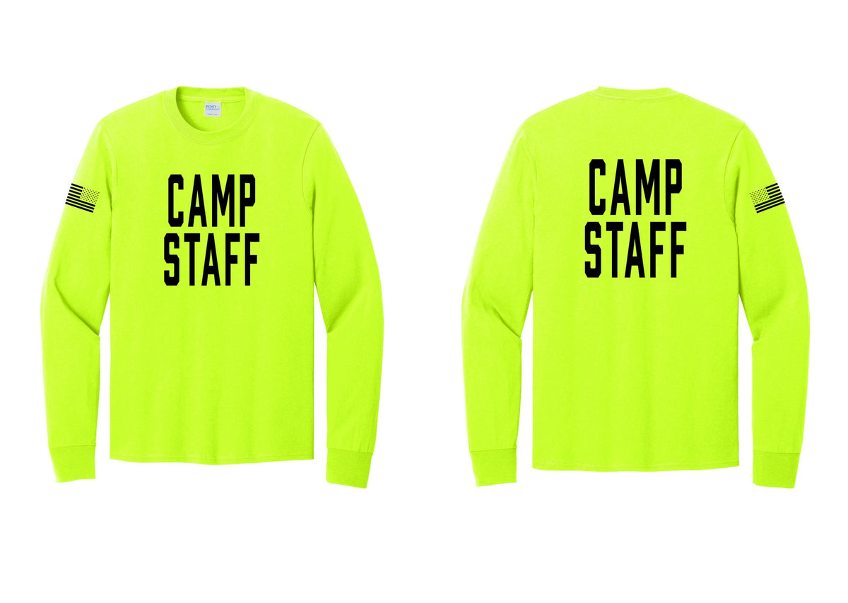NYC Factory Camp Staff Cotton Long Sleeve T-Shirt (Classic) - Front + Back + US Flag Sleeve - Safety Green