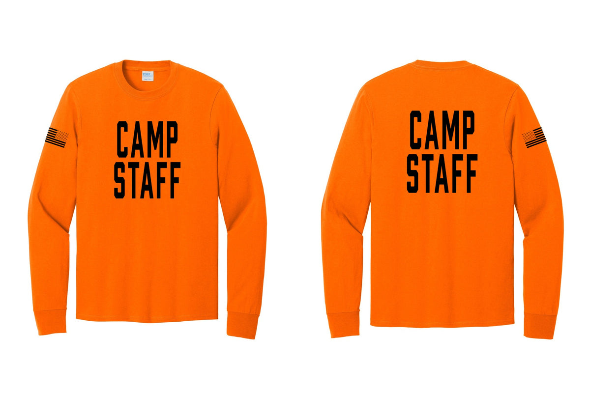 NYC Factory Camp Staff Cotton Long Sleeve T-Shirt (Classic) - Front + Back + US Flag Sleeve - Safety Orange