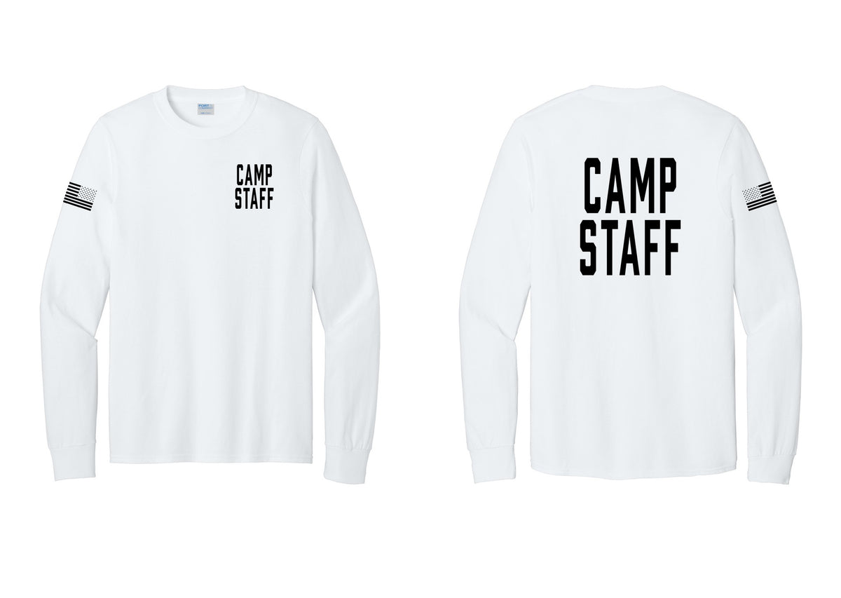 NYC Factory Camp Staff Cotton Long Sleeve T-Shirt (Classic) - Chest + Back + US Flag Sleeve - White