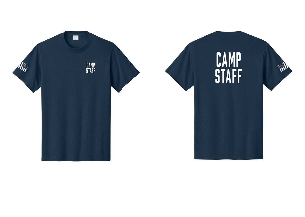 NYC Factory Camp Staff T-Shirt, Condensed Lettering - Chest + Back + US Flag Sleeve - Navy