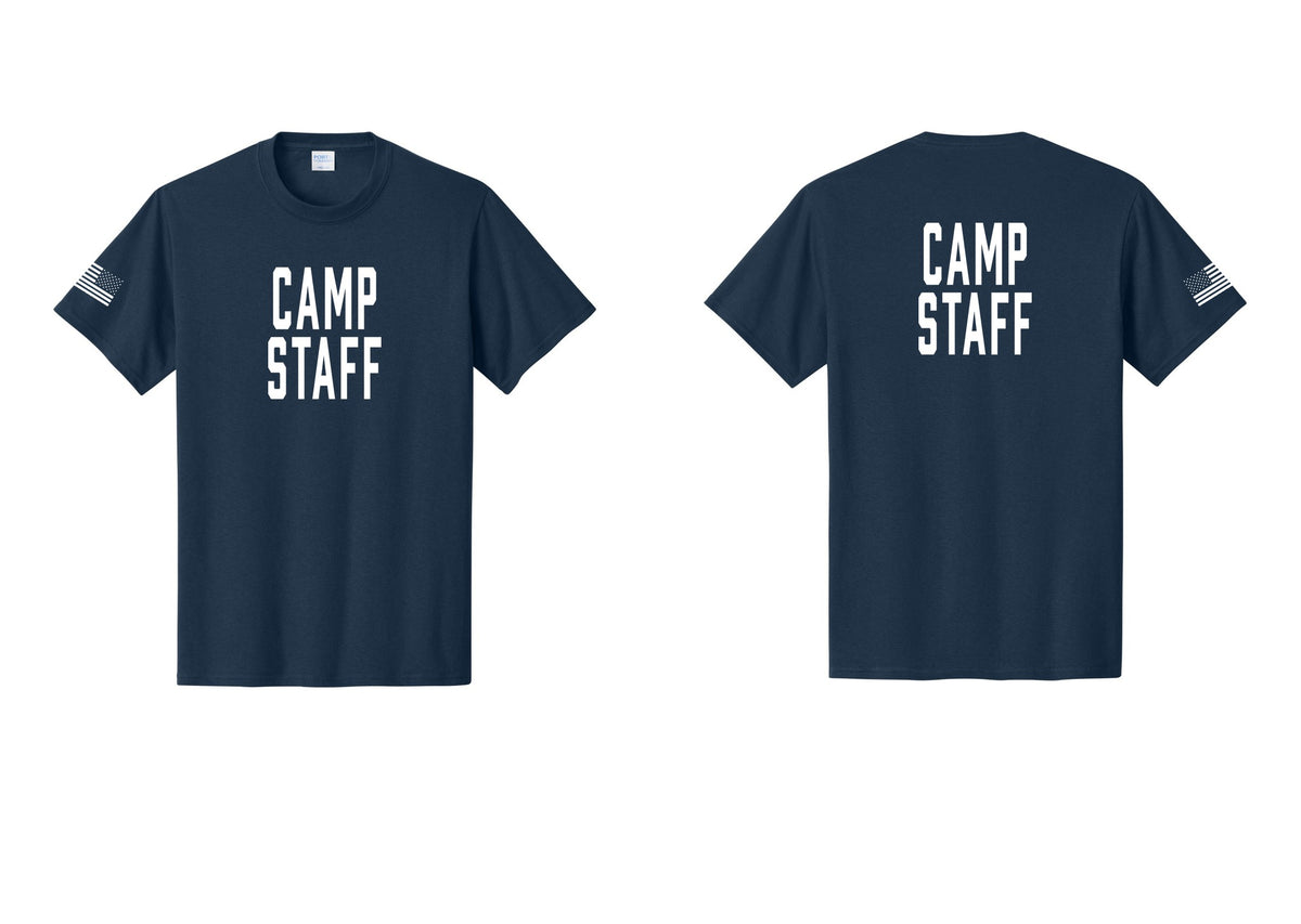NYC Factory Camp Staff T-Shirt, Condensed Lettering - Front + Back + US Flag Sleeve - Navy