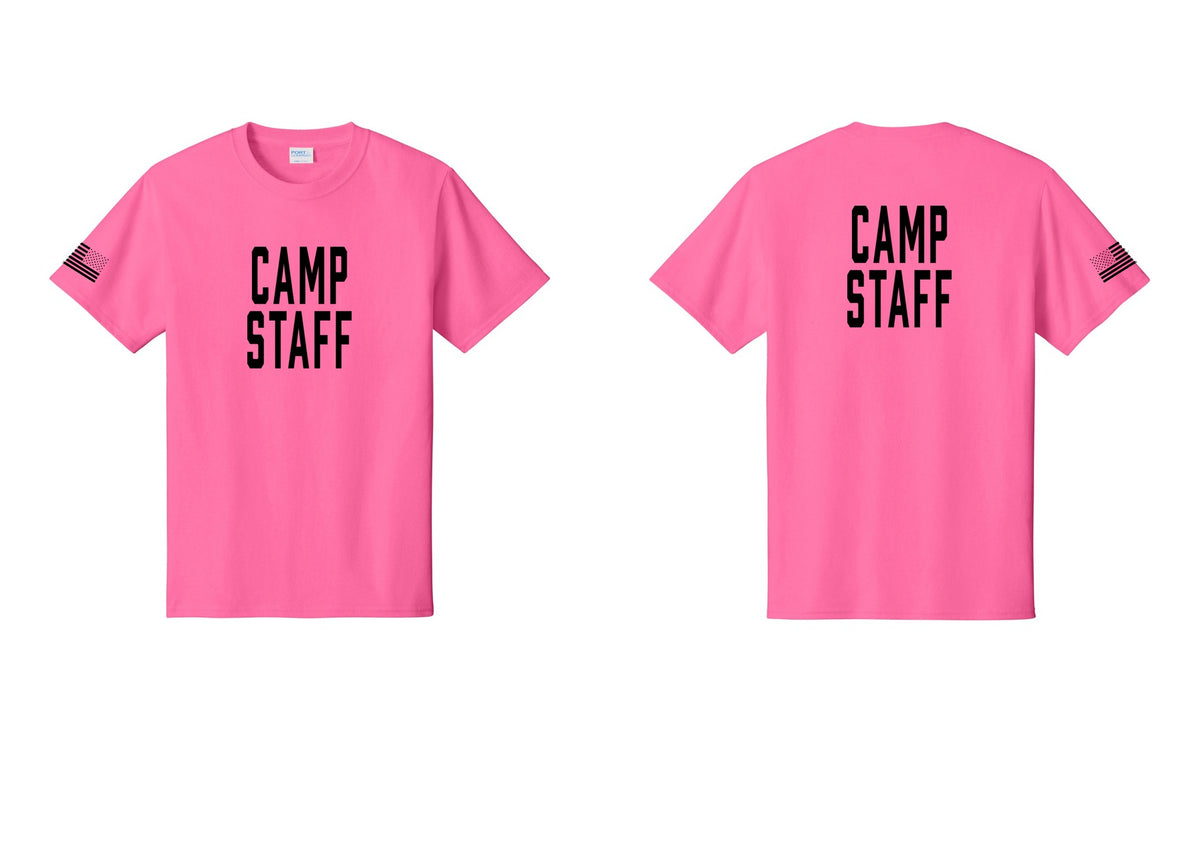 NYC Factory Camp Staff T-Shirt, Condensed Lettering - Front + Back + US Flag Sleeve - Neon Pink