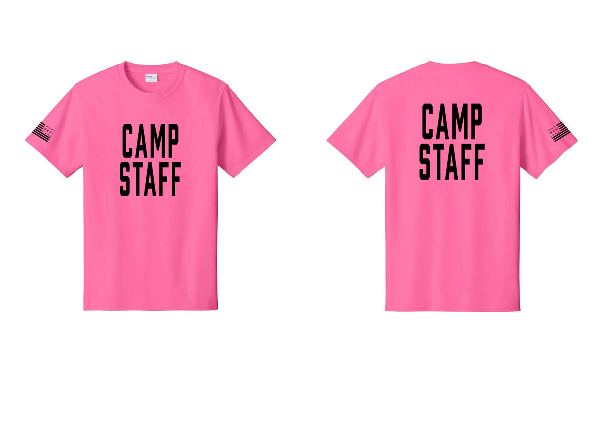 NYC Factory Unisex Camp Staff Classic T-Shirt - Front + Back + US Flag Sleeve - Neon Pink