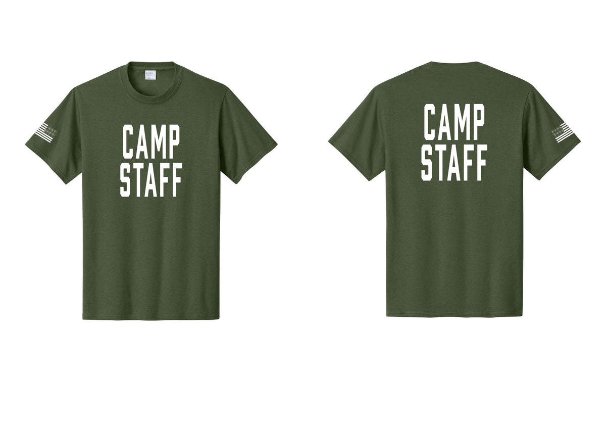 NYC Factory Unisex Camp Staff Classic T-Shirt - Front + Back + US Flag Sleeve - Olive
