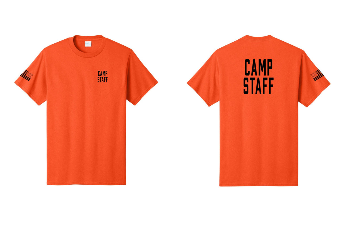 NYC Factory Camp Staff T-Shirt, Condensed Lettering - Chest + Back + US Flag Sleeve - Orange