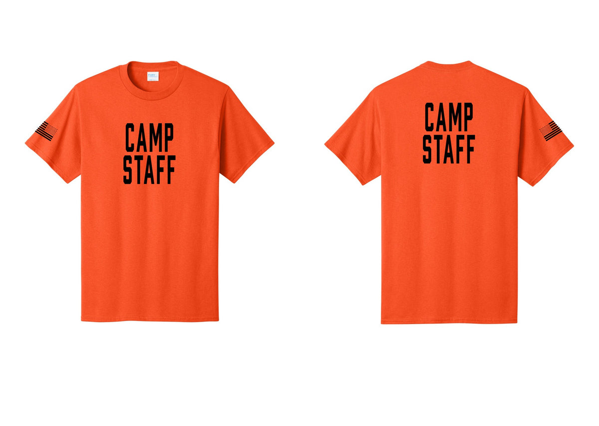 NYC Factory Camp Staff T-Shirt, Condensed Lettering - Front + Back + US Flag Sleeve - Orange