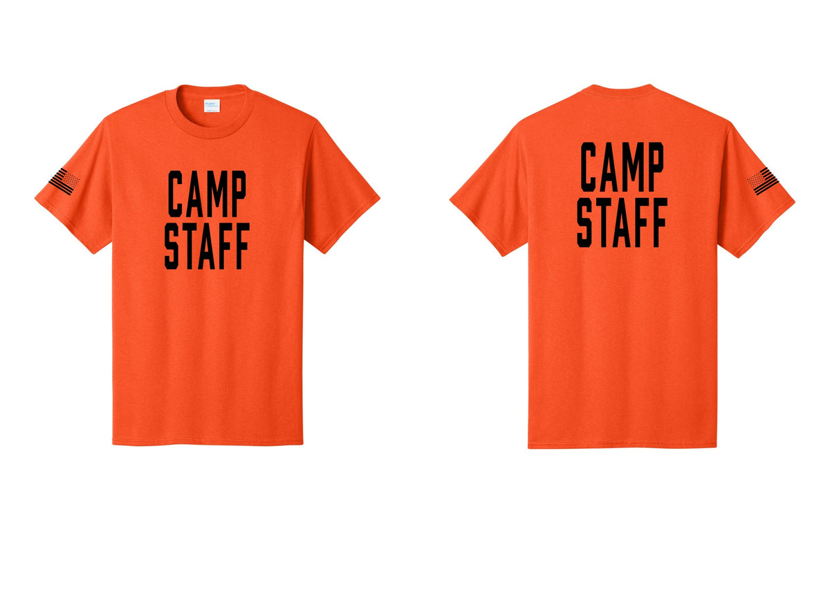 NYC Factory Unisex Camp Staff Classic T-Shirt - Front + Back + US Flag Sleeve - Orange