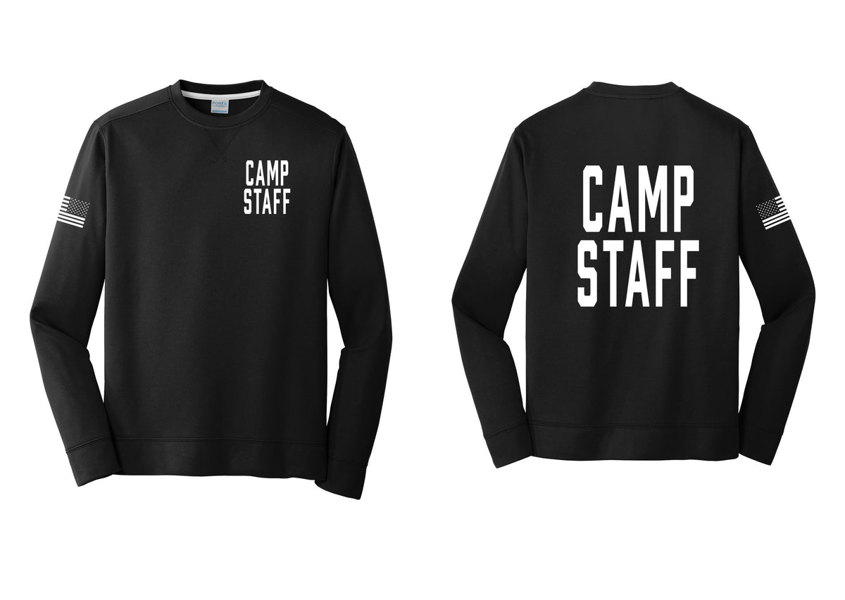 NYC Factory Camp Staff Performance Fleece Crewneck Sweatshirt (Classic) - Chest + Back + US Flag Sleeve - Black