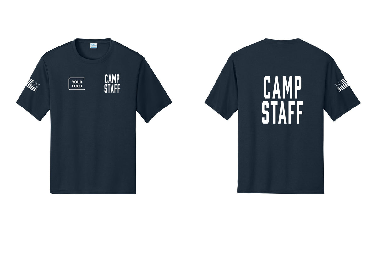 NYC Factory Custom Logo Camp Staff Performance T-Shirt (Classic) - CAMP STAFF + Your Logo + Back + US Flag Sleeve - Navy