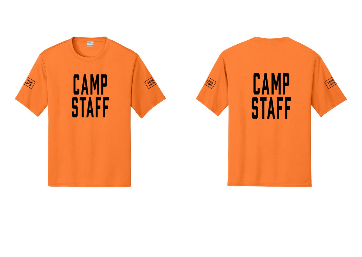 NYC Factory Custom Logo Camp Staff Performance T-Shirt (Classic) - Front + Back + Your Logo Sleeves - Neon Orange