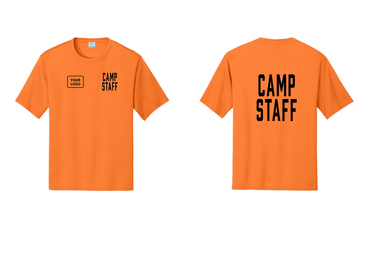 NYC Factory Custom Logo Camp Staff Performance T-Shirt (Classic) - CAMP STAFF + Your Logo + Back - Neon Orange