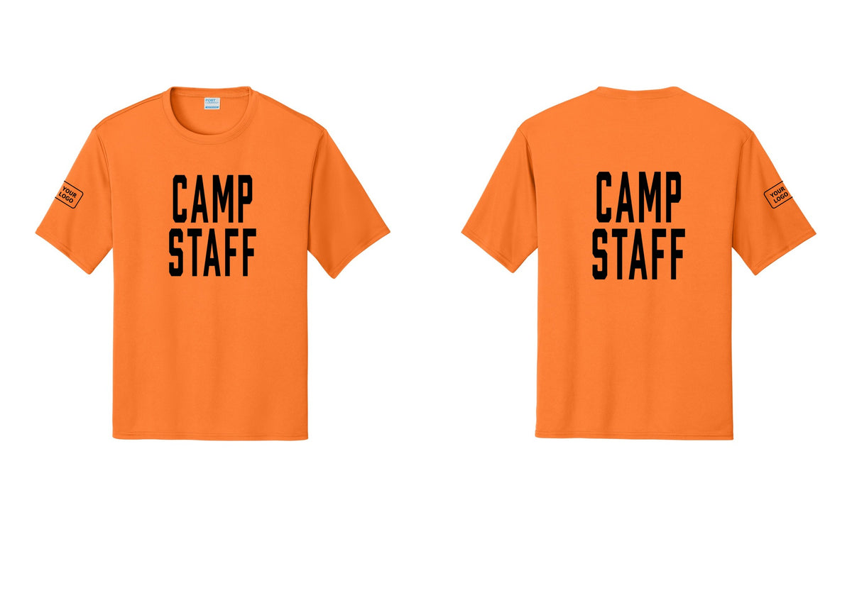 NYC Factory Custom Logo Camp Staff Performance T-Shirt (Classic) - Front + Back + Your Logo Sleeve - Neon Orange