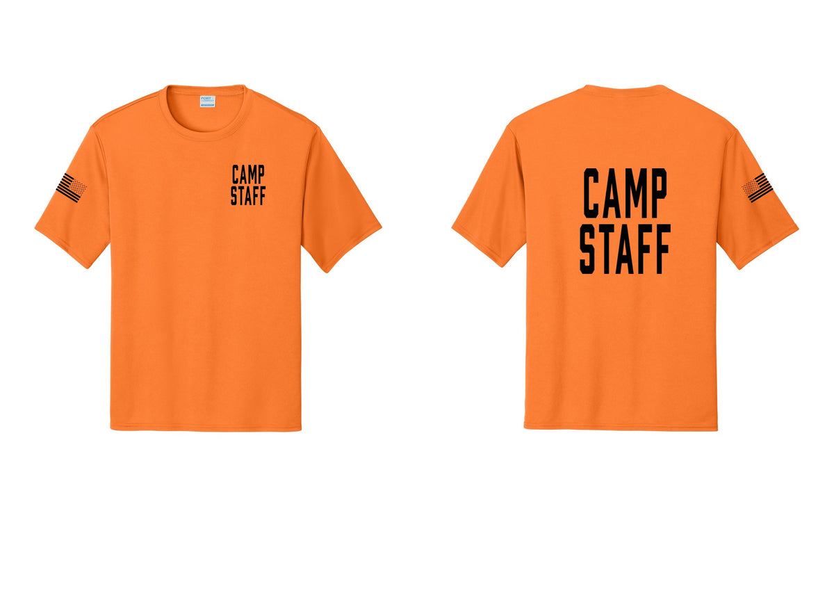 NYC Factory Camp Staff Performance T-Shirt (Classic) - Chest + Back + US Flag Sleeve - Neon Orange