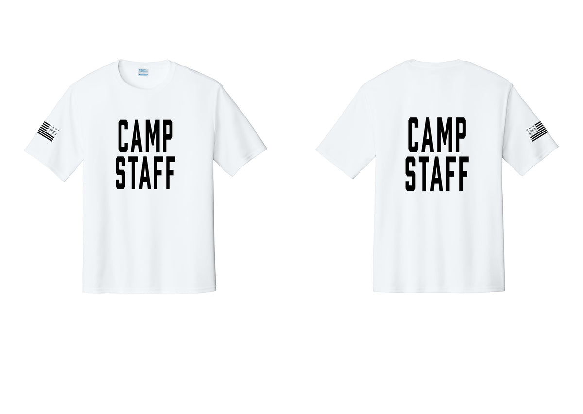 NYC Factory Camp Staff Performance T-Shirt (Classic) - Front + Back + US Flag Sleeve - White
