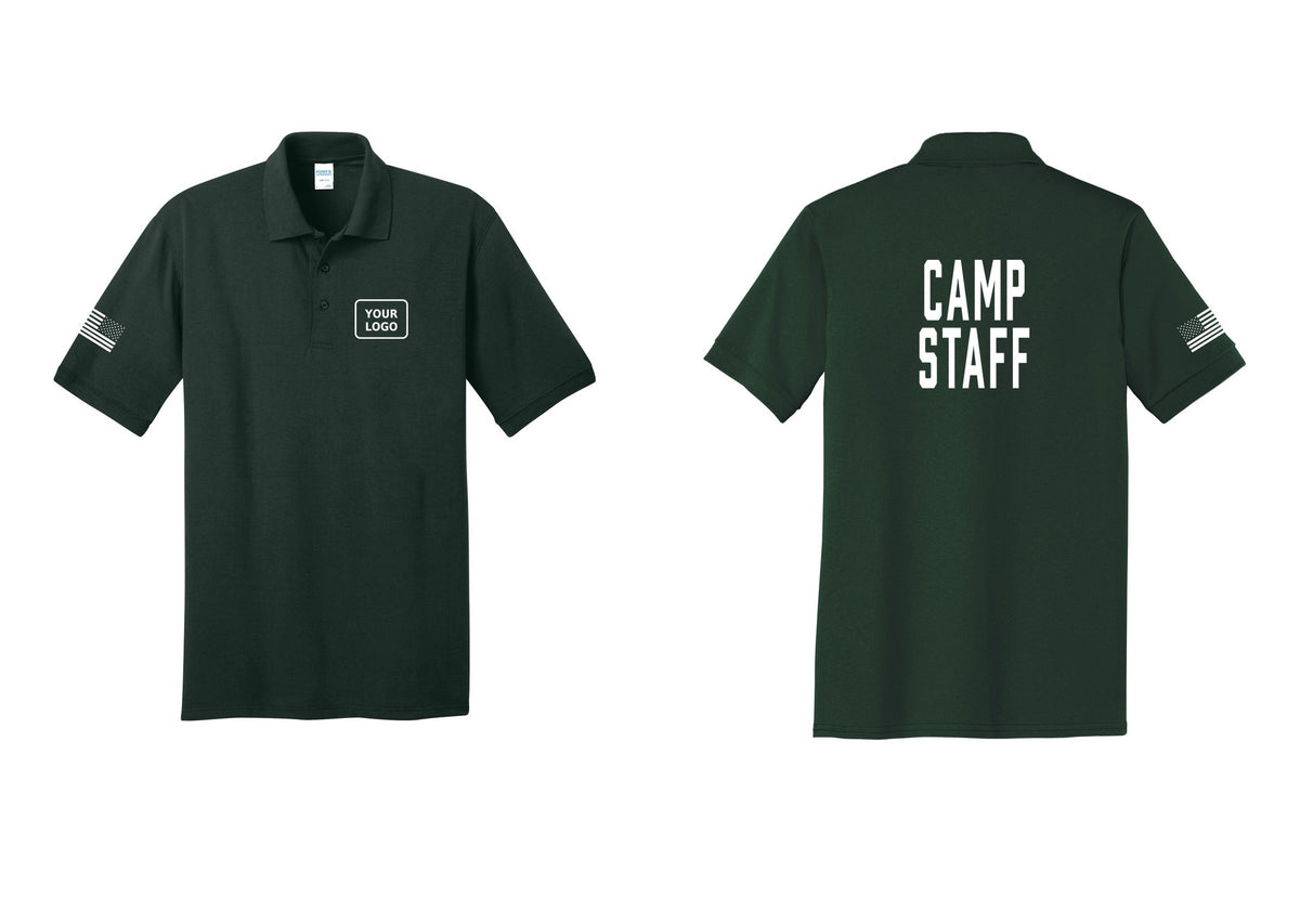 NYC Factory Custom Logo Camp Staff Polo Shirt (Classic) - Your Logo + Back + US Flag Sleeve - Dark Green