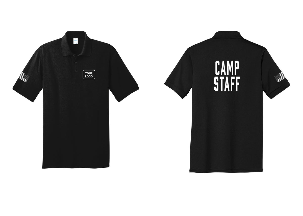 NYC Factory Custom Logo Camp Staff Polo Shirt (Classic) - Your Logo + Back + US Flag Sleeve - Black