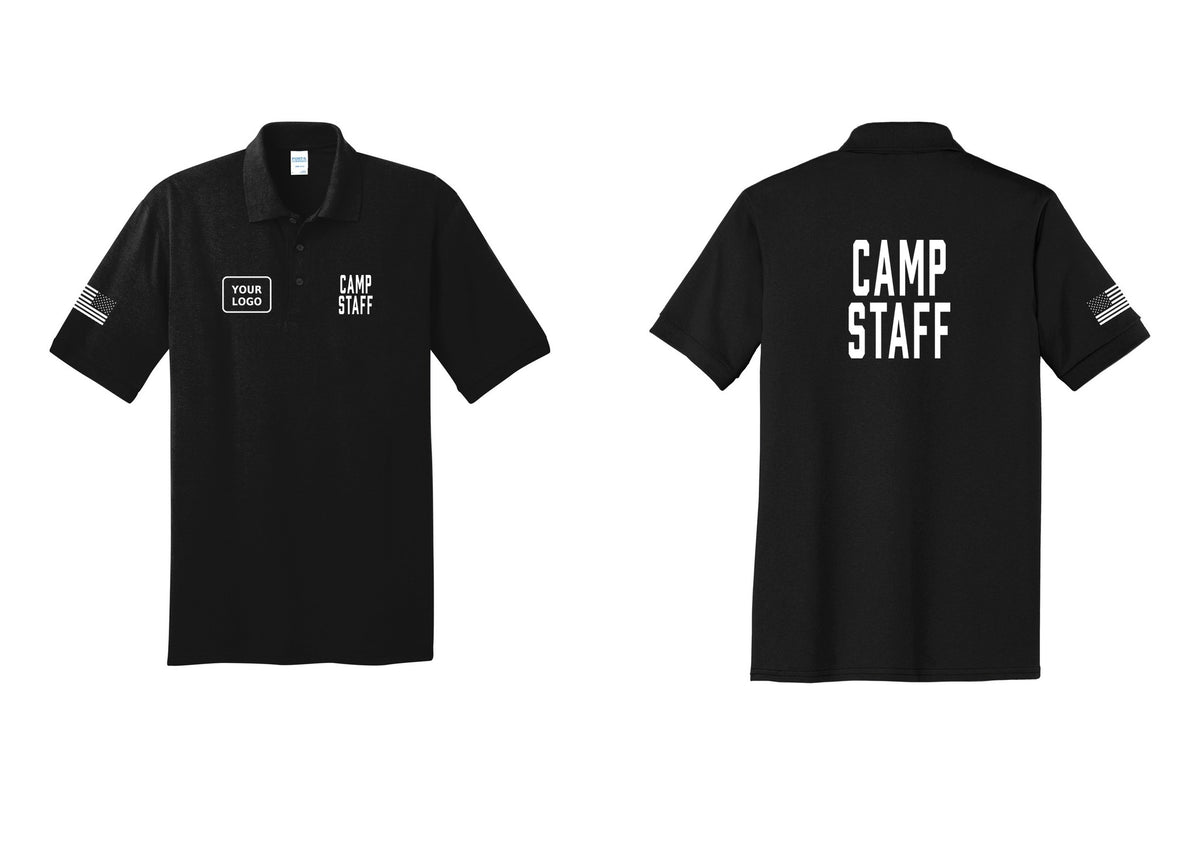 NYC Factory Custom Logo Camp Staff Polo Shirt (Classic) - CAMP STAFF + Your Logo + Back + US Flag Sleeve - Black