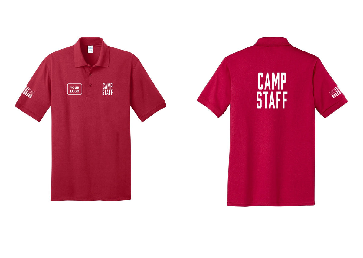 NYC Factory Custom Logo Camp Staff Polo Shirt (Classic) - CAMP STAFF + Your Logo + Back + US Flag Sleeve - Red