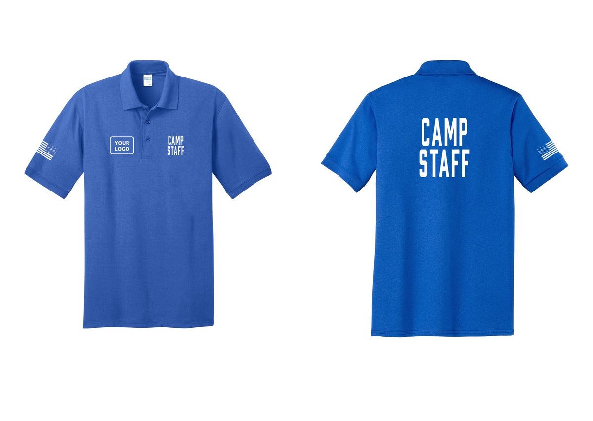 NYC Factory Custom Logo Camp Staff Polo Shirt (Classic) - CAMP STAFF + Your Logo + Back + US Flag Sleeve - Royal