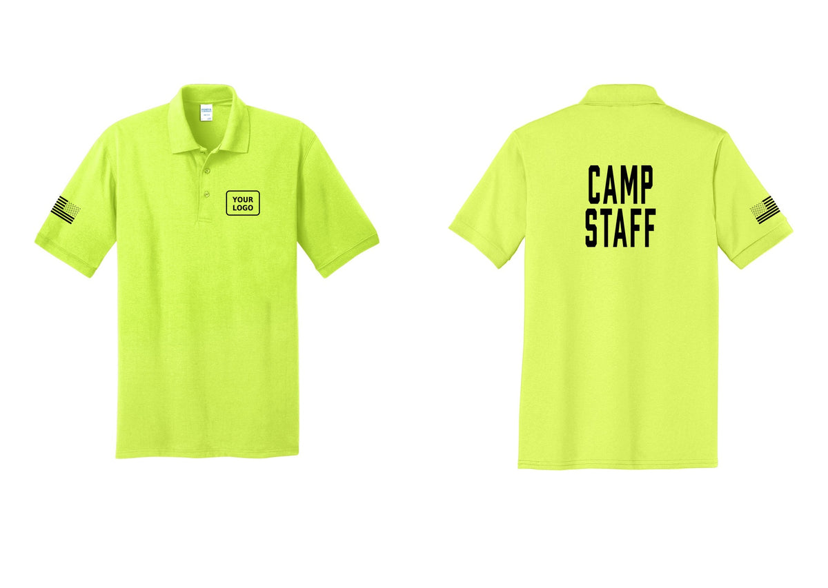 NYC Factory Custom Logo Camp Staff Polo Shirt (Classic) - Your Logo + Back + US Flag Sleeve - Safety Green
