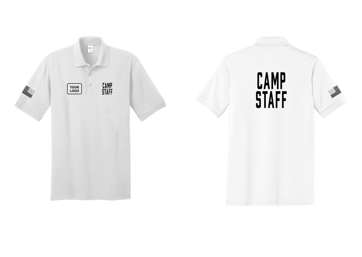NYC Factory Custom Logo Camp Staff Polo Shirt (Classic) - CAMP STAFF + Your Logo + Back + US Flag Sleeve - White