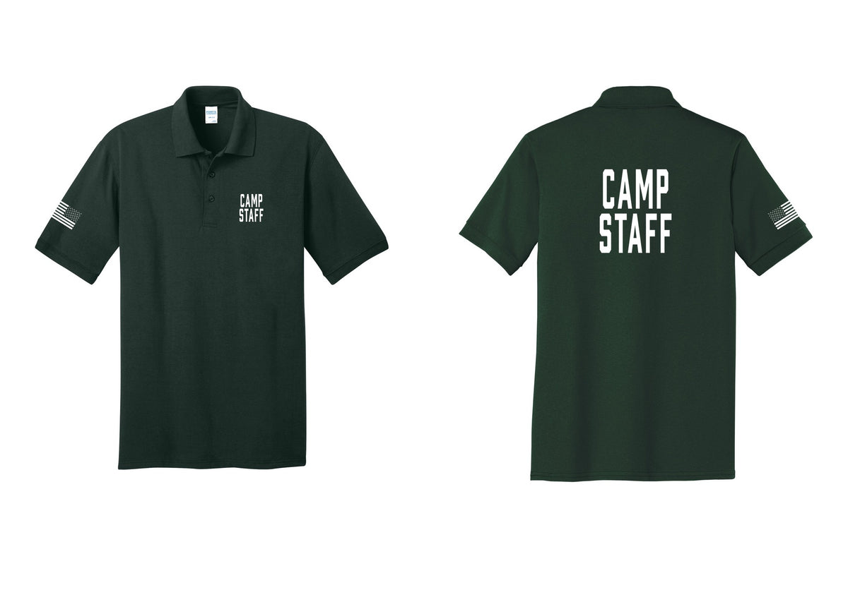 NYC Factory Camp Staff Polo Shirt (Classic) - Chest + Back + US Flag Sleeve - Dark Green