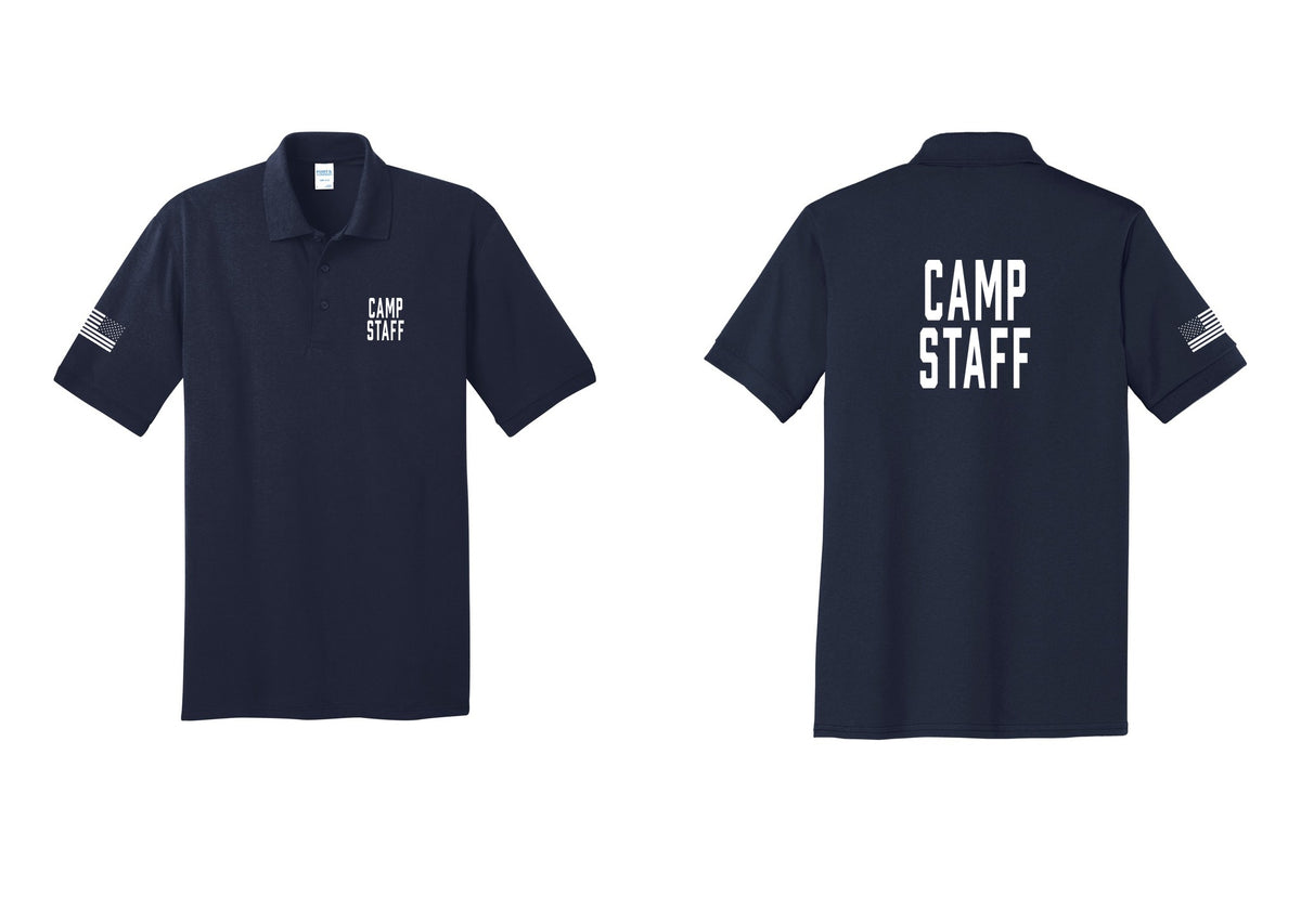 NYC Factory Camp Staff Polo Shirt (Classic) - Chest + Back + US Flag Sleeve - Navy