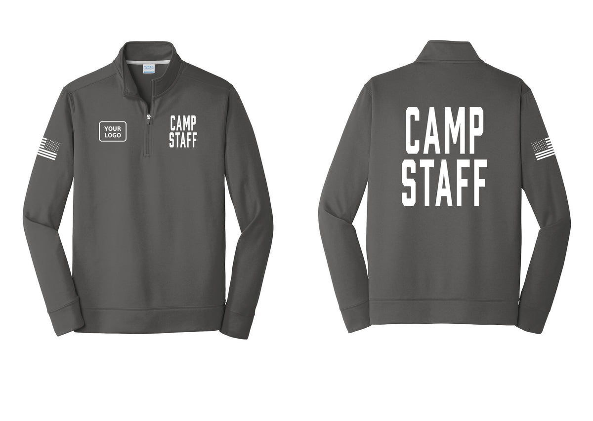 NYC Factory Custom Logo Camp Staff Performance Fleece 1/4-Zip Pullover Sweatshirt (Classic) - CAMP STAFF + Your Logo + Back + US Flag Sleeve - Charcoal