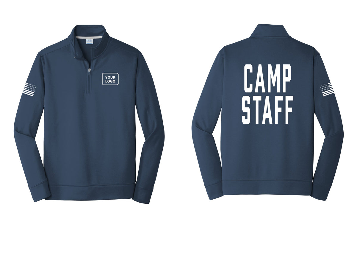 NYC Factory Custom Logo Camp Staff Performance Fleece 1/4-Zip Pullover Sweatshirt (Classic) - Your Logo + Back + US Flag Sleeve - Navy
