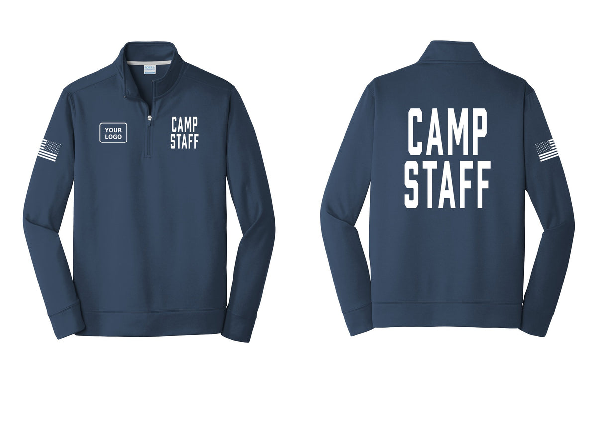 NYC Factory Custom Logo Camp Staff Performance Fleece 1/4-Zip Pullover Sweatshirt (Classic) - CAMP STAFF + Your Logo + Back + US Flag Sleeve - Navy