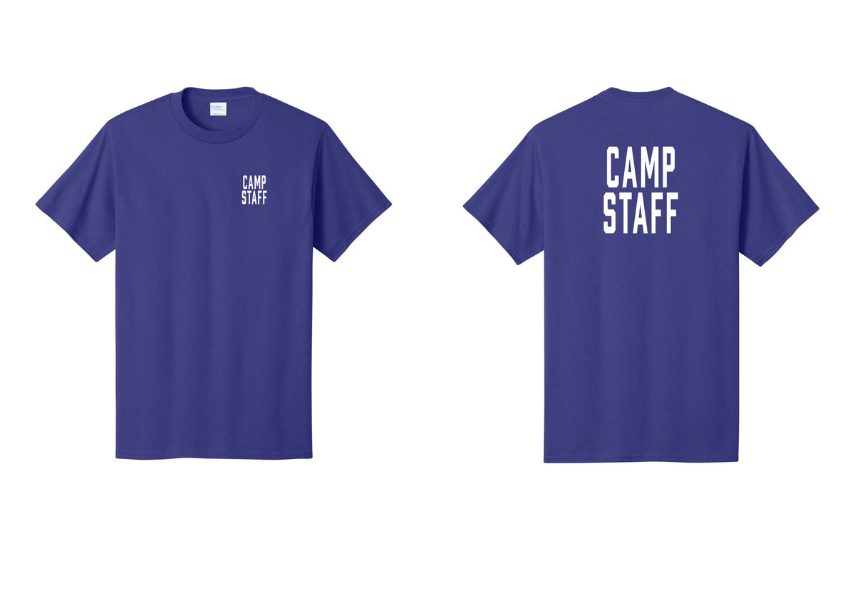 NYC Factory Camp Staff T-Shirt, Condensed Lettering - Chest + Back - Purple