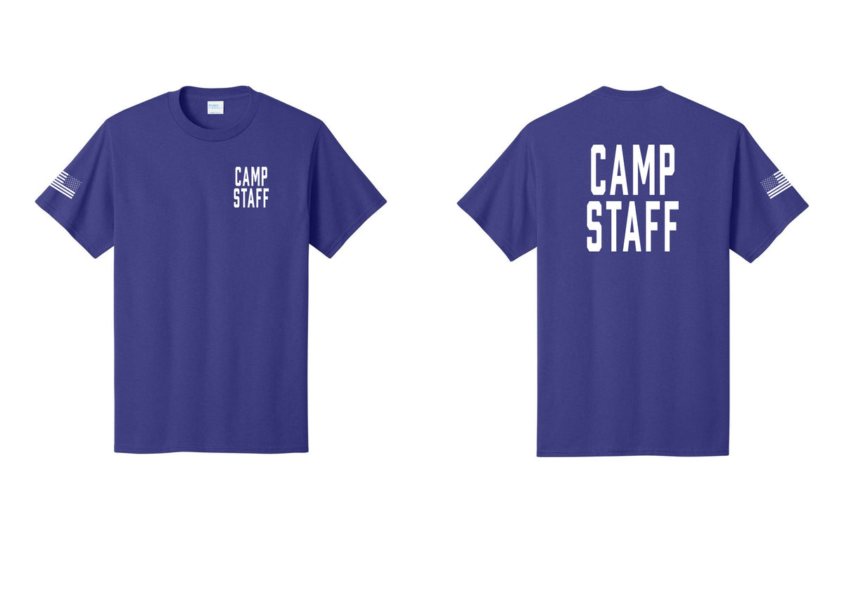 NYC Factory Unisex Camp Staff Classic T-Shirt - Chest + Back + US Flag Sleeve - Purple