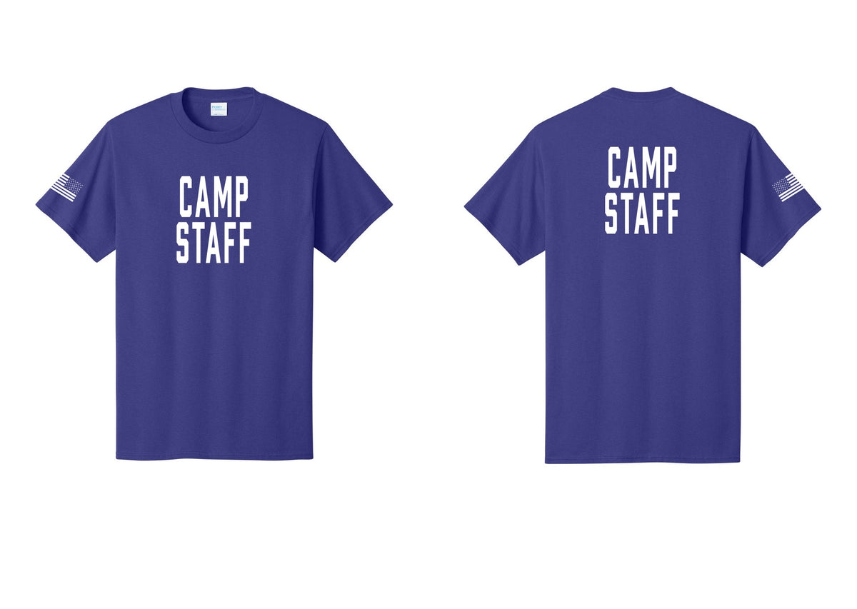NYC Factory Camp Staff T-Shirt, Condensed Lettering - Front + Back + US Flag Sleeve - Purple