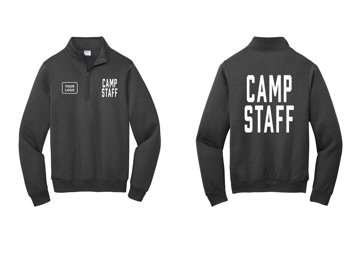 NYC Factory Custom Logo Camp Staff Cotton Fleece 1/4-Zip Pullover Sweatshirt (Classic) - CAMP STAFF + Your Logo + Back - Dark Heather Grey