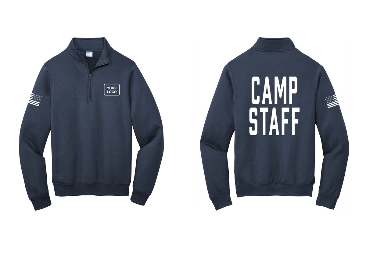 NYC Factory Custom Logo Camp Staff Cotton Fleece 1/4-Zip Pullover Sweatshirt (Classic) - Your Logo + Back + US Flag Sleeve - Navy