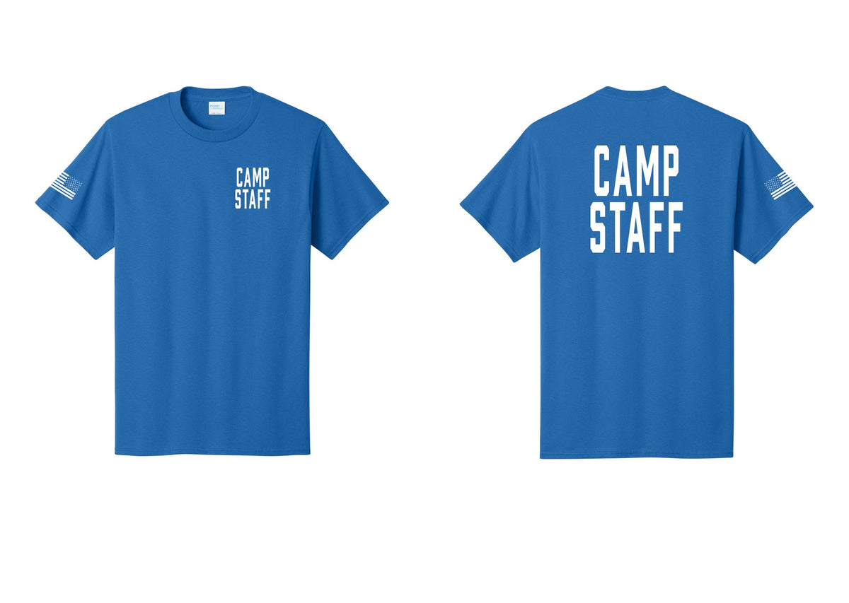 NYC Factory Unisex Camp Staff Classic T-Shirt - Chest + Back + US Flag Sleeve - Royal