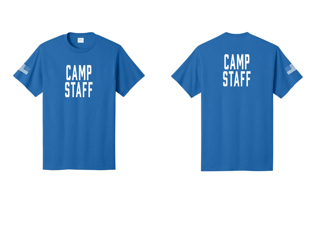 NYC Factory Camp Staff T-Shirt, Condensed Lettering - Front + Back + US Flag Sleeve - Royal