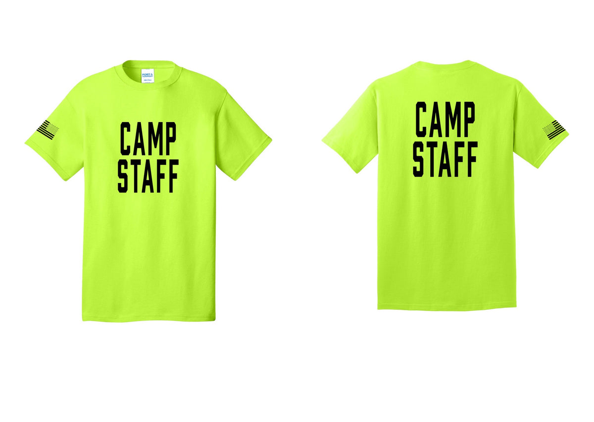NYC Factory Unisex Camp Staff Classic T-Shirt - Front + Back + US Flag Sleeve - Safety Green