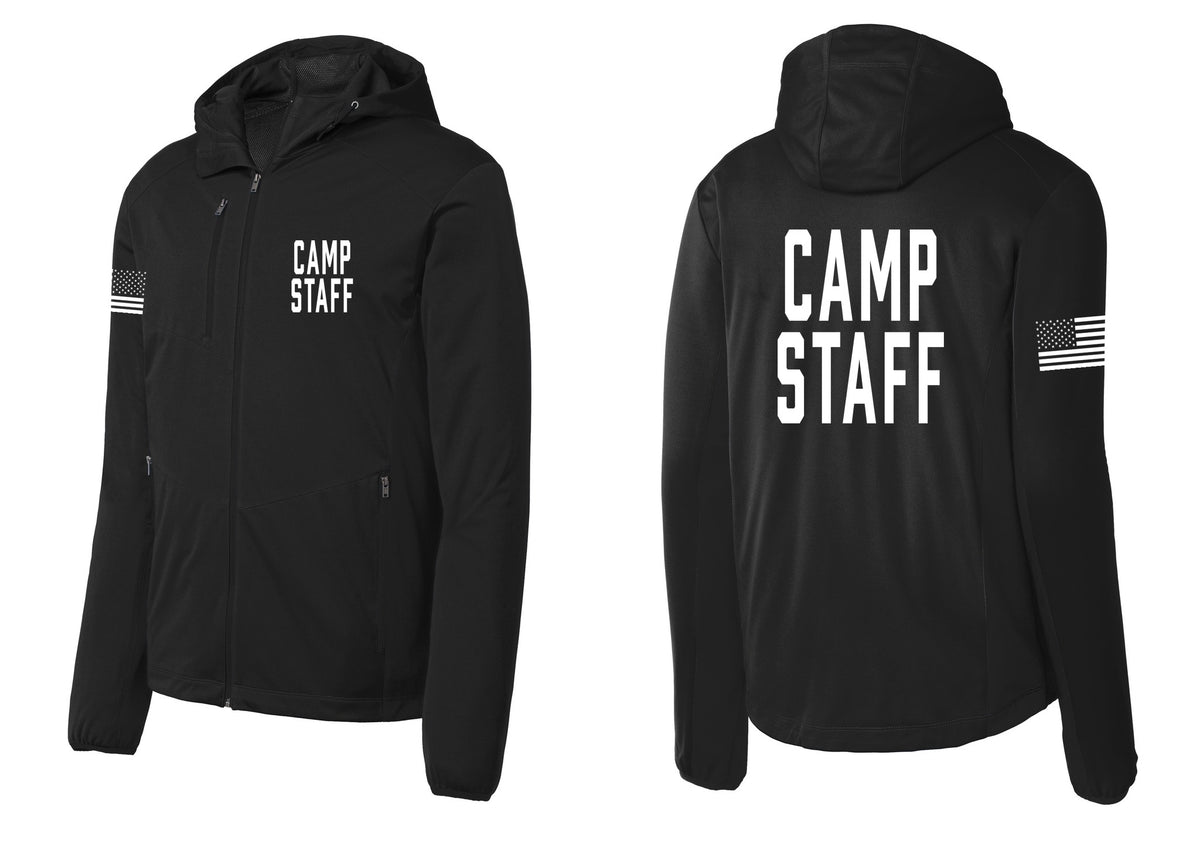 NYC Factory Camp Staff Soft Shell Hooded Jacket (Classic) - Chest + Back + US Flag Sleeve - Deep Black