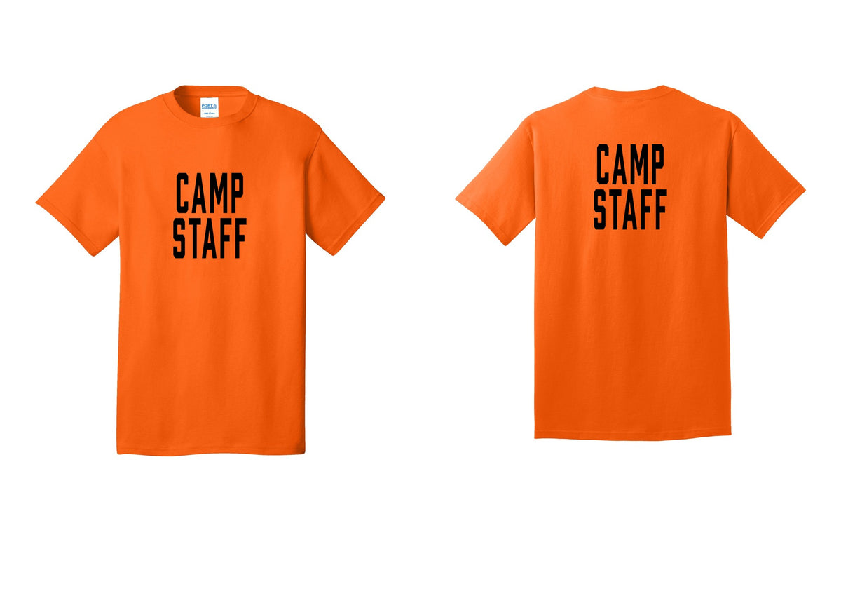 NYC Factory Camp Staff T-Shirt, Condensed Lettering - Front + Back - Safety Orange