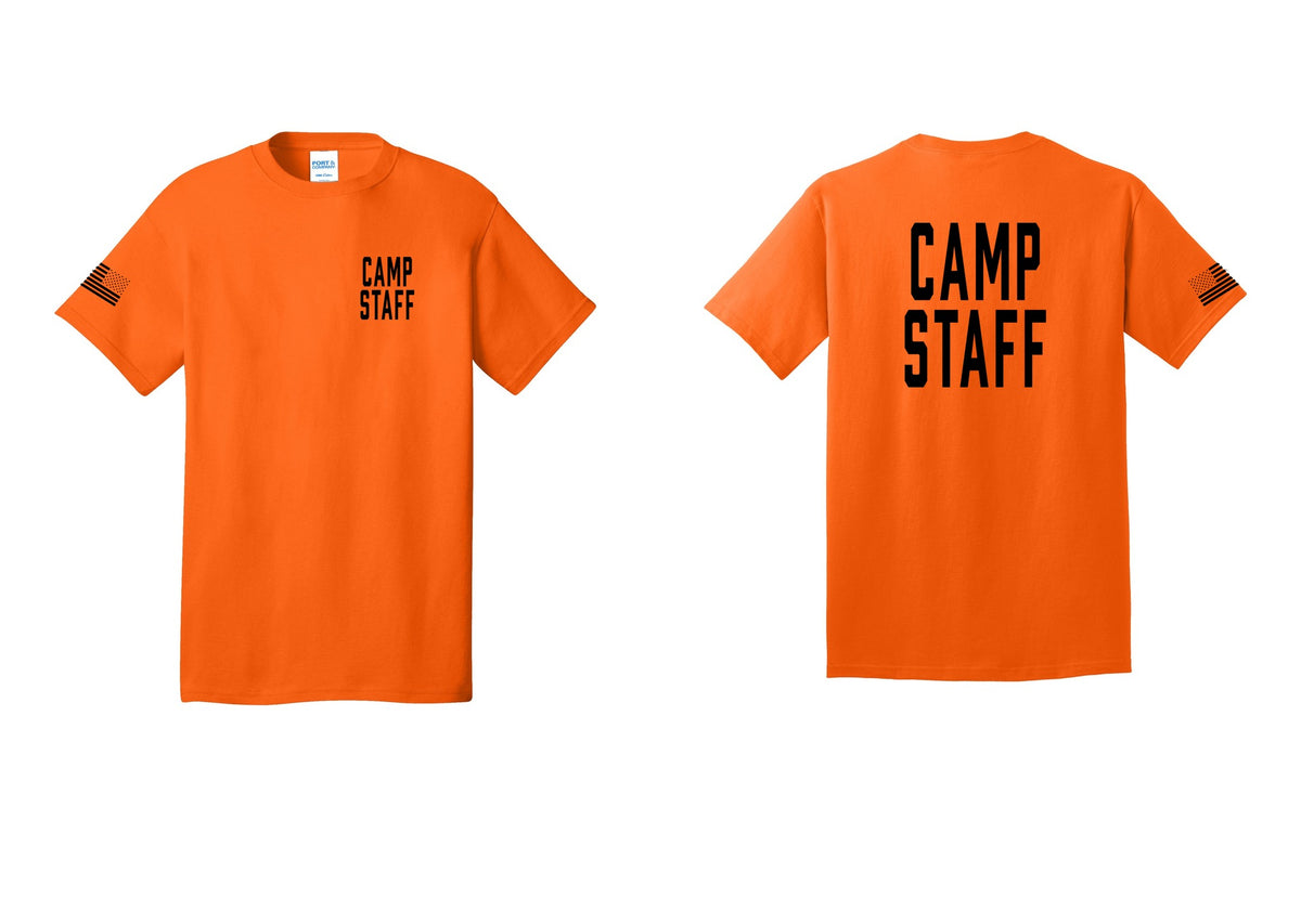 NYC Factory Unisex Camp Staff Classic T-Shirt - Chest + Back + US Flag Sleeve - Safety Orange