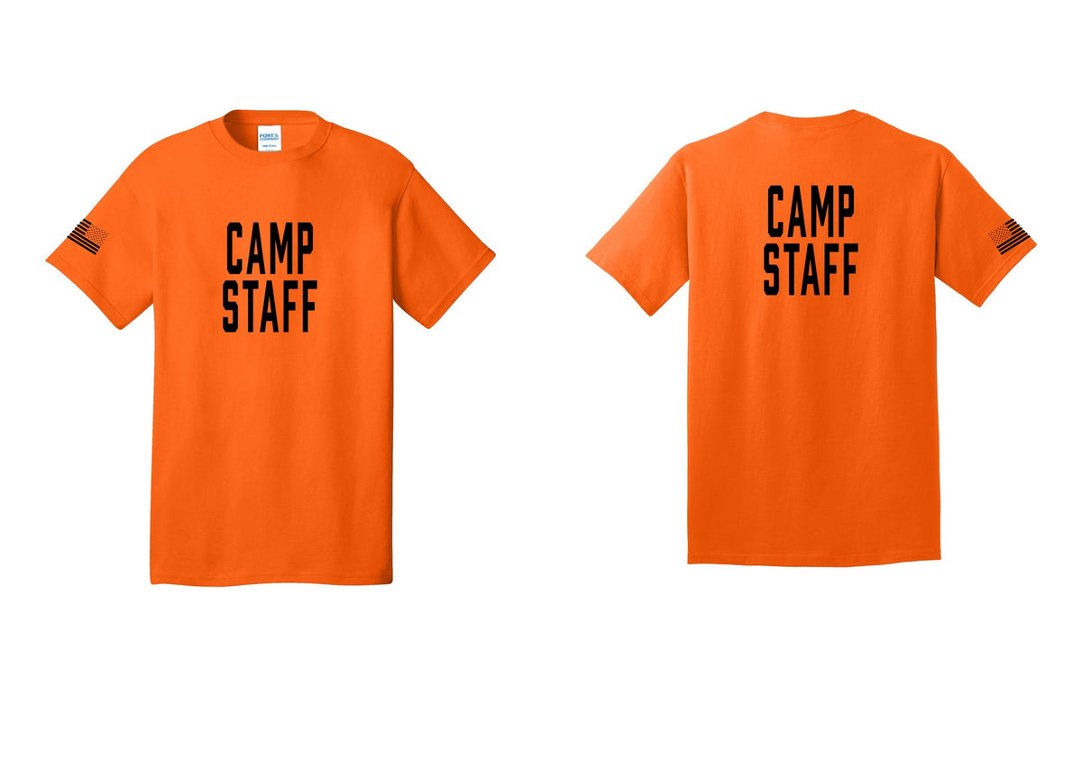 NYC Factory Camp Staff T-Shirt, Condensed Lettering - Front + Back + US Flag Sleeve - Safety Orange