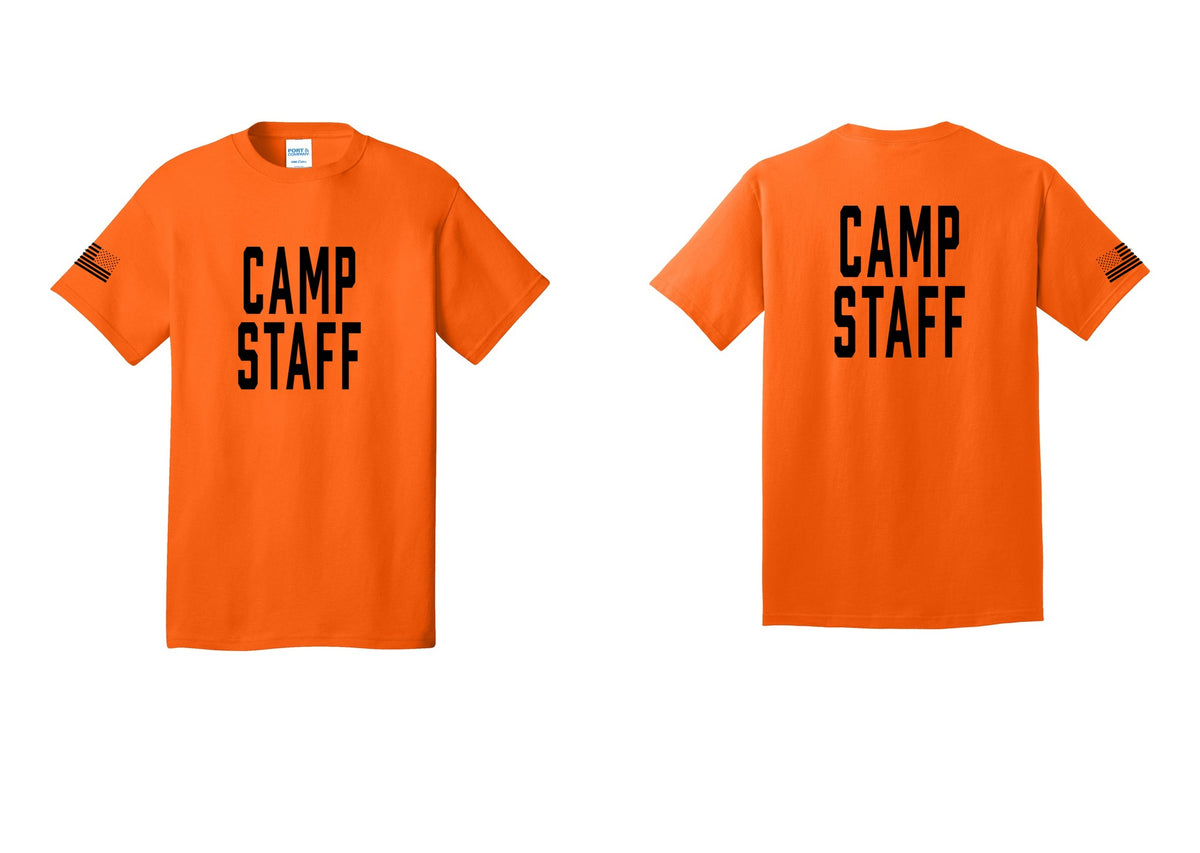 NYC Factory Unisex Camp Staff Classic T-Shirt - Front + Back + US Flag Sleeve - Safety Orange